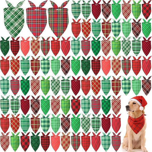Abbylike 100 Pcs Christmas Dog Bandanas Bulk Red and Green Buffalo Plaid Bandanas for Dogs Triangle Kerchief Bibs Scarf for Pet Xmas Costume Photo Props Accessories, 25 Styles (31.5 x 21.7 x 21.7)