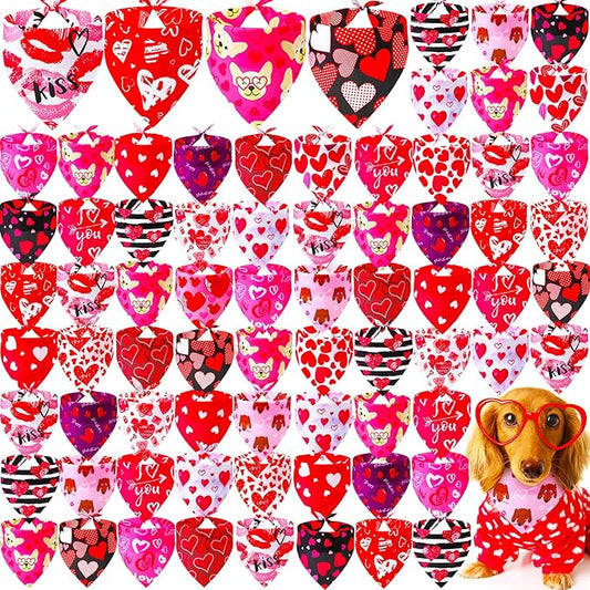 100 Pcs Valentines Dog Bandanas Bulk Heart Love Dog Bandanas Adjustable Pet Bibs Valentine Triangle Scarf Valentines Holiday Costume for Small Medium Pet Puppy