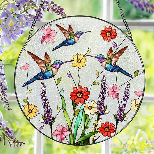8 Inch Hummingbirds Stained Glass Suncatcher, Stained Glass Window Hanging, Window Hanging Decor, Hummingbird Sun Catcher, Gifts for Women Mom Grandma, Mother Day, Birthday, Christmas