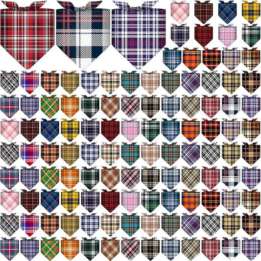 Amylove 120 Pcs Halloween Dog Bandanas Bulk Holiday Triangle Dog Pack Puppy Kerchief Bandana Adjustable Pet Scarf for Pet Cat Costume Accessories Decor(Plaid)