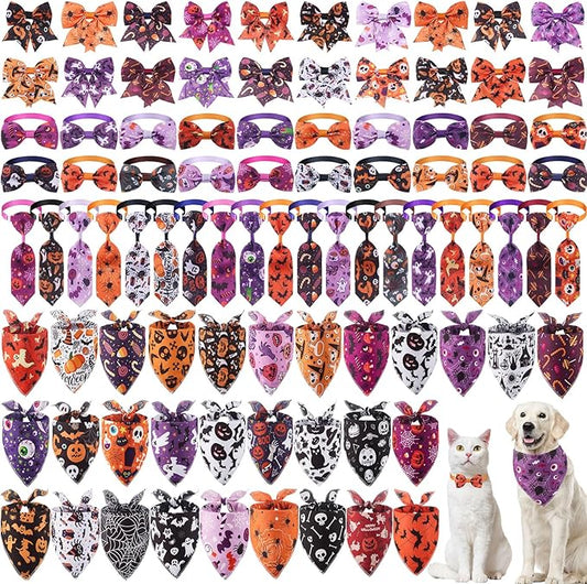 Reginary 120 Pcs Halloween Dog Bandanas Bulk Dog Bows Set Bow Ties Cat Scarf Colorful Washable Triangle Pet Kerchief Cute Bib for Summer Small Medium Large Pets Grooming Accessories Costume