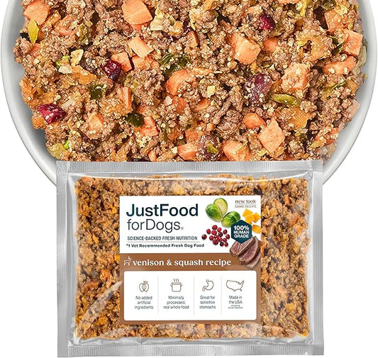 JustFoodForDogs Frozen Fresh Dog Food, Complete Meal or Topper, Venison & Squash Human Grade Dog Food Recipe, 18 oz (Pack of 7)