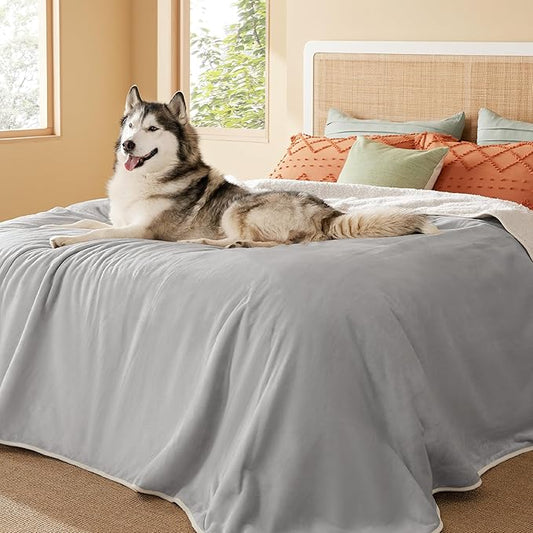 Bedsure Waterproof Blanket for Bed - Sherpa Fleece Waterproof Dog Blankets for Large Dogs, Pet Blankets for Bed/Couch/Dog Crate, Soft Plush Reversible Furniture Protector, King, 108"x86", Light Grey