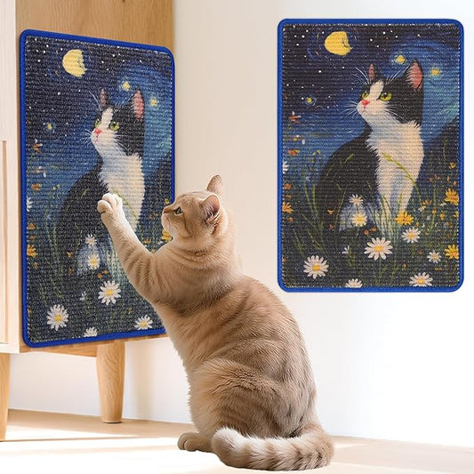 Sisal Cat Scratcher Mat, Cat Wall Scratcher for Indoor Cats, 23.6x15.7 Inch Cat Scratch Pad with Hook & Loop, Wall Mounted Cat Scratching Post to Protect Couch and Carpet（Starry Cat）