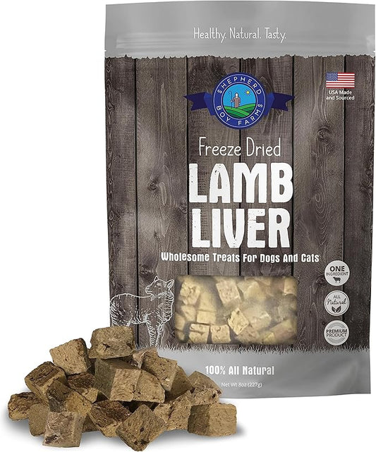 Shepherd Boy Farms Freeze Dried Dog and Cat Treats, Lamb Liver, All Natural Single Ingredient Freeze-Dried Dog Treat & Snacks, Made in USA, High Protein, Essential Nutrition of Raw Food, 8oz