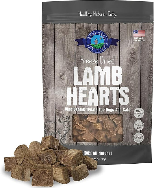 Shepherd Boy Farms Freeze Dried Dog and Cat Treats, Lamb Heart, All Natural Single Ingredient Freeze-Dried Dog Treat & Snacks, Made in USA, High Protein, Essential Nutrition of Raw Food, 3oz