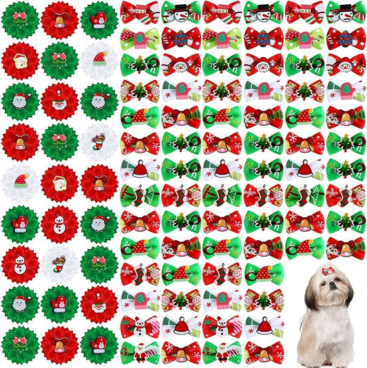 Weewooday 70 Pcs Dogs Hair Holiday Dog Bows Bowtie with Rubber Band Pet Hair Accessories Puppy Bowknot Topknot Pet Grooming Bow for Holiday Christmas Small Puppy Decor(Multiple Style)