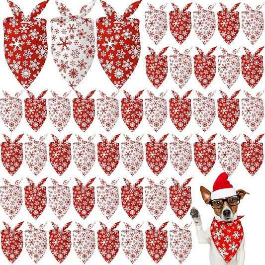50 Pcs Red and White Snowflake Bandanas Bulk for Christmas Dog Xmas Kerchief Set Bibs Dog Triangle Scarf for Small Medium Large Doggie Costume Decoration