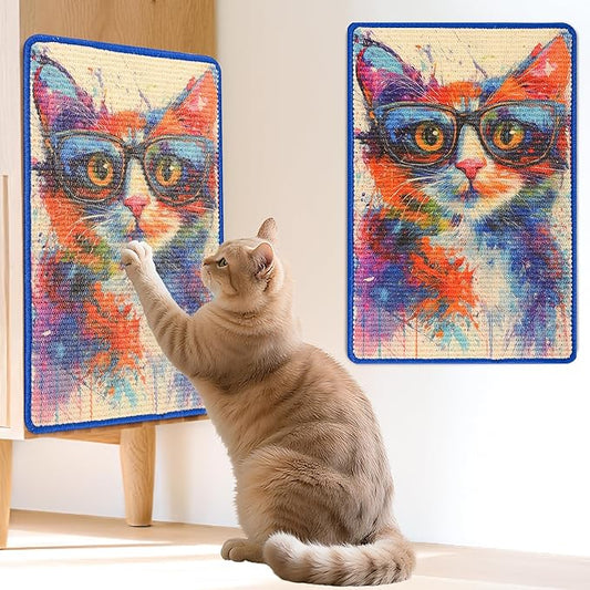 Sisal Cat Scratcher Mat, Cat Wall Scratcher for Indoor Cats, 23.6x15.7 Inch Cat Scratch Pad with Hook & Loop, Wall Mounted Cat Scratching Post to Protect Couch and Carpet（Graffiti Cat）