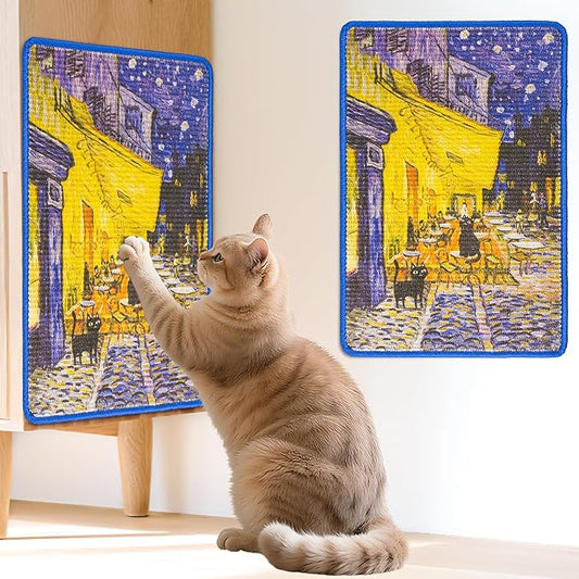 Sisal Cat Scratcher Mat, Cat Wall Scratcher for Indoor Cats, 23.6x15.7 Inch Cat Scratch Pad with Hook & Loop, Wall Mounted Cat Scratching Post to Protect Couch and Carpet（Café Terrace）