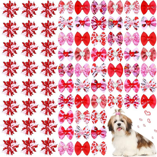 Weewooday 70 Pcs Dogs Hair Holiday Dog Bows Bowtie with Rubber Band Pet Hair Accessories Puppy Bowknot Topknot Pet Grooming Bow for Holiday Christmas Small Puppy Decor(Romantic Style)
