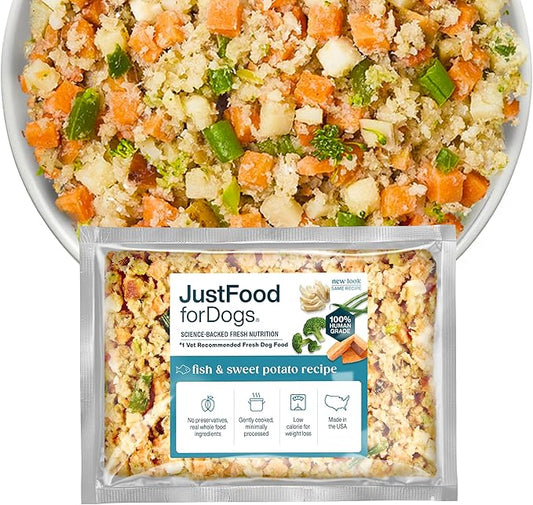 JustFoodForDogs Frozen Fresh Dog Food, Complete Meal or Topper, Fish & Sweet Potato Human Grade Dog Food Recipe, 18 oz (Pack of 14)