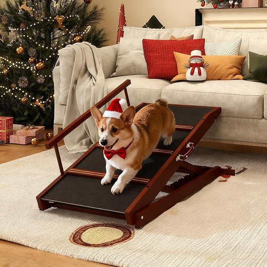 Walnut Wooden Dog Ramp for Bed Folding Pet Ramp for Dogs,Including Non Slip Mat & Safety Side Rails Adjustable Dog Bed ramp from to Up to 132 lbs
