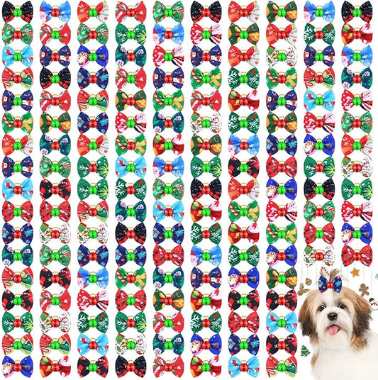 160 Pcs Christmas Dog Hair Bows Dog Topknot Bows with Rubber Bands Rhinestone Dog Grooming Bows Santa Claus Pattern Puppy Hair Bows Ties Cute Dog Hair Accessories Bowknot (Santa Snowman Style)
