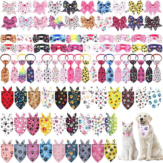 Reginary 120 Pcs Paw Bone Print Dog Bandanas Bulk Dog Bows Set Bow Ties Cat Scarf Colorful Washable Triangle Pet Kerchief Cute Bib for Summer Small Medium Large Pets Grooming Accessories Costume