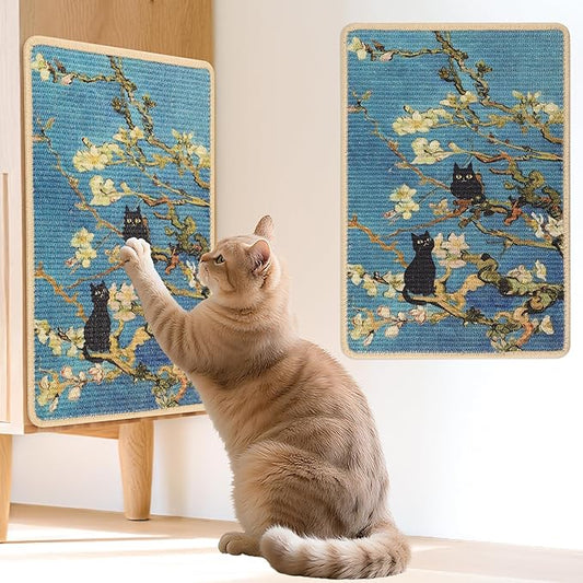 Sisal Cat Scratcher Mat, Cat Wall Scratcher for Indoor Cats, 23.6x15.7 Inch Cat Scratch Pad with Hook & Loop, Wall Mounted Cat Scratching Post to Protect Couch and Carpet（Almond Blossoms）