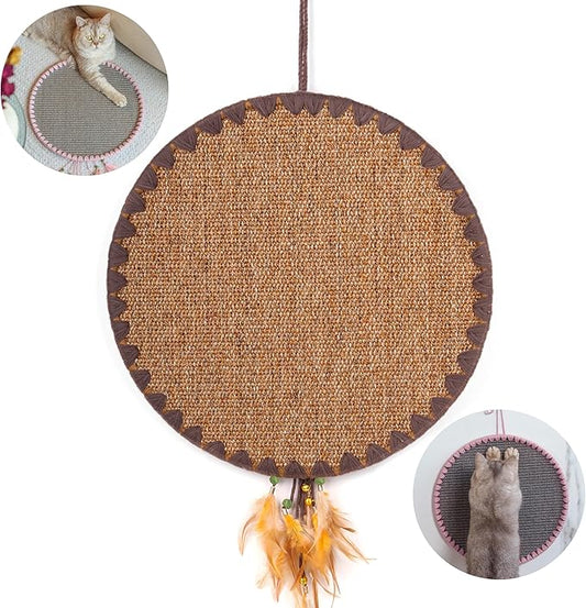 Cat Scratcher Mat for Indoor Cats Modern Carpets Nature Sisal Feather Tassel Round Horizontal Floor Wall Mounted Cat Scratching Pads Furniture Protector for Wall Couch Sofas
