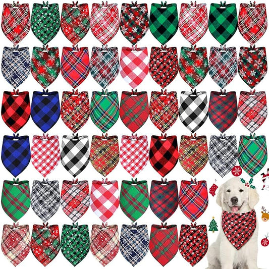 Sadnyy 50 Pack Christmas Dog Bandanas for Dogs Snowflakes Buffalo Plaid Dog Bandana Bulk Triangle Classic Pet Kerchief Adjustable Pet Scarf Washable Bibs for Small Medium Large Dogs