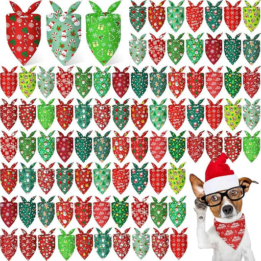 100 Pcs Christmas Dog Bandanas Bulk Xmas Red and Green Bandanas for Dogs Triangle Kerchief Bibs Scarf Set for Pet Christmas Costume Photo Props Accessories Pet Shops Groomers Owners, 25 Styles