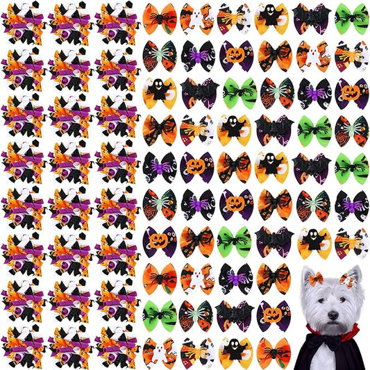 Weewooday 70 Pcs Dogs Hair Holiday Dog Bows Bowtie with Rubber Band Pet Hair Accessories Puppy Bowknot Topknot Pet Grooming Bow for Holiday Christmas Small Puppy Decor(Stylish Style)