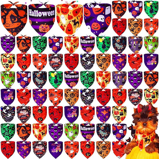 100 Pcs Halloween Dog Bandanas Bulk Pumpkin Black Cat Skull Dog Bandanas Adjustable Pet Bibs Triangle Scarf Halloween Holiday Costume for Small Medium Pet Puppy