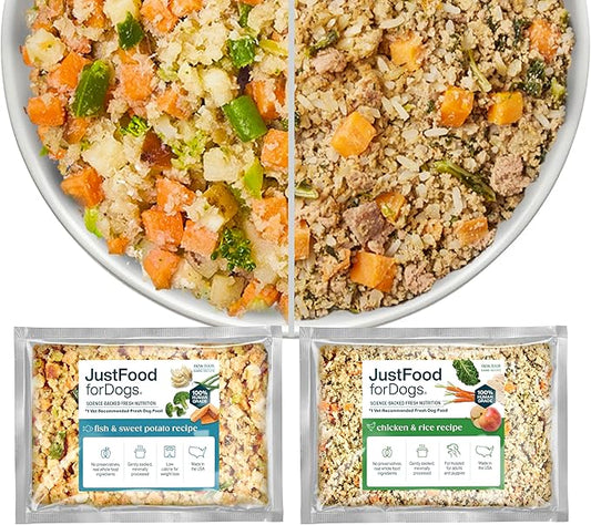 JustFoodForDogs Puppy Frozen Fresh Dog Food Variety Pack, Complete Meal or Dog Food Topper, Fish & Chicken Human Grade Dog Food Recipes, 18oz (Pack of 7)