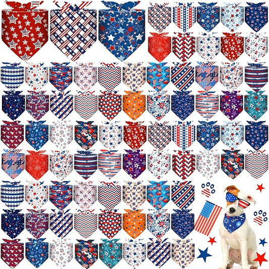 72 Pcs 4th of July Dog Bandanas Bulk Patriotic Dog Bandana Adjustable Washable Pet Triangle Scarf Soft Kerchief Bib for Independence Day Holiday Pet Costume Accessories