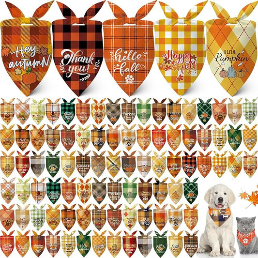 Sweetude 100 Pcs Fall Dog Bandanas Bulk Plaid Bandanas for Dog Autumn Thanksgiving Pet Scarf Bibs Adjustable Triangle Kerchief Grooming Supplies Pet Costume for Small Medium Large