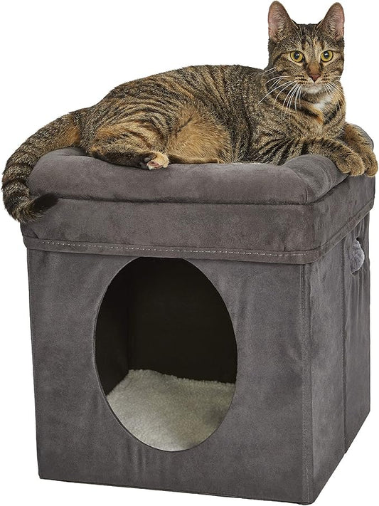 MidWest Homes for Pets Cat Cube, 15.5 x 15.5 x 16.6 Inches, Foldable Cat Hideout with Toy, Bolstered Bed Top, Faux Gray Suede, Synthetic Sheepskin Bedding