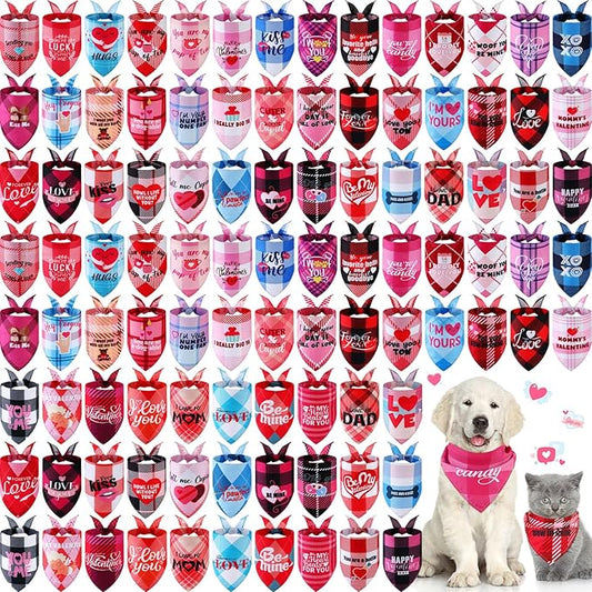 Sweetude 100 Pcs Wedding Plaid Dog Bandanas Bulk with Sayings Mother's Day Pet Scarf Bibs Adjustable Washable Kerchief Holiday Pet Costume Accessories Grooming Supplies for Small Large Cat Dog