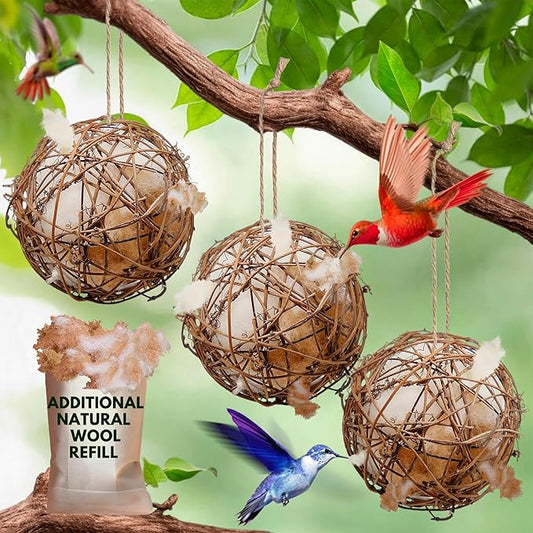 Hummingbird Nesters - Bird Nesting Material Holder for Wild Birds Wrens Finches - Refillable Outdoor Bird Nesting Station to Build a Nest (3 Balls)