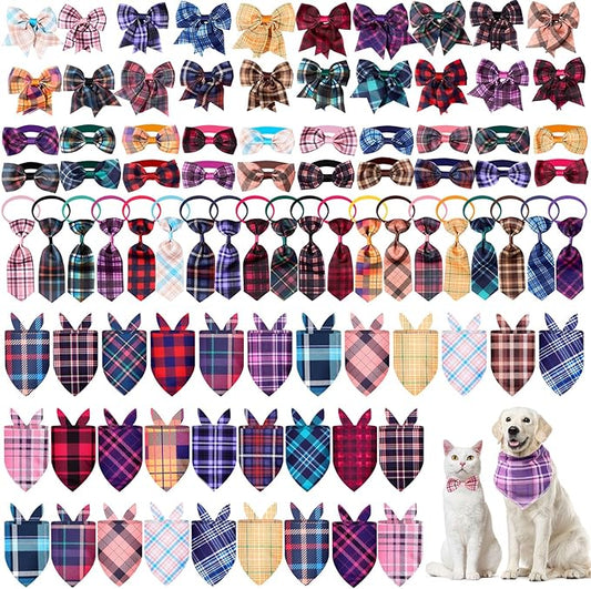 Reginary 120 Pcs Plaid Dog Bandanas Bulk Dog Bows Set Bow Ties Cat Scarf Colorful Washable Triangle Pet Kerchief Cute Bib for Summer Small Medium Large Pets Grooming Accessories Costume