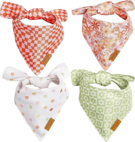 Remy+Roo Large Spring Dog Bandanas - 4 Pack Daisy Set | Premium Durable Adjustable Polyester Fabric | Patented Shape Girl Dog Bandana, Trendy Pattrens, Floral Dog Bandana